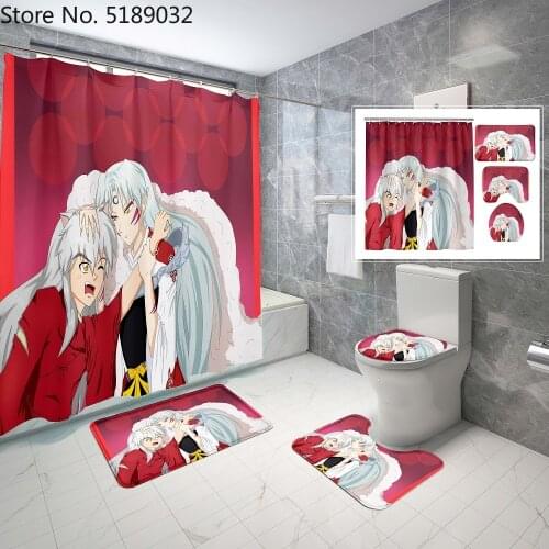 Inuyasha Bath Curtain Set 4 Piece Waterproof Anime Shower Curtain Toilet Lid Cover Bath Rugs Japan Anime Bathroom Set Decor