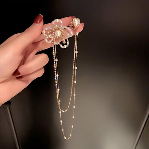 Korean Fashion Exaggeration Personality Ear Clip Hairpin Integrated Earrings Inlaid With Diamond Pearl Flower Hairpin Design