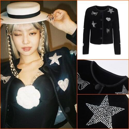Kpop Korean Celebrity New Black Hot Rhinestone Slim Short Jacket Coat Women Streetwear Fashion Hip Hop Cardigan Baseball Uniform