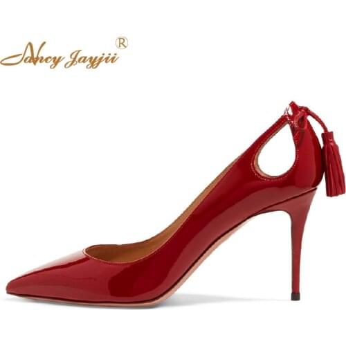 Forever Marilyn Cutout Tasseled Patent-Leather Pump Women Shoes Full Grain Leather High Heels 8cm Size 44 Wedding Bridal Party