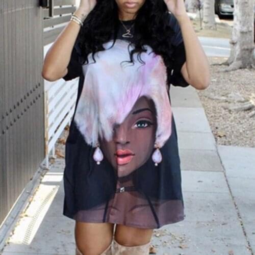 African ladies casual loose t shirt dress round neck black charater printed 2020 summer women short mini plus size dresses 2020
