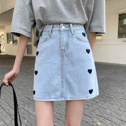 Alien Kitty 2021 Plus Size Loose All Match Denim Embroidery Hearts Brief Fashion Sweet Stylish Women Hot Office Lady New Skirts