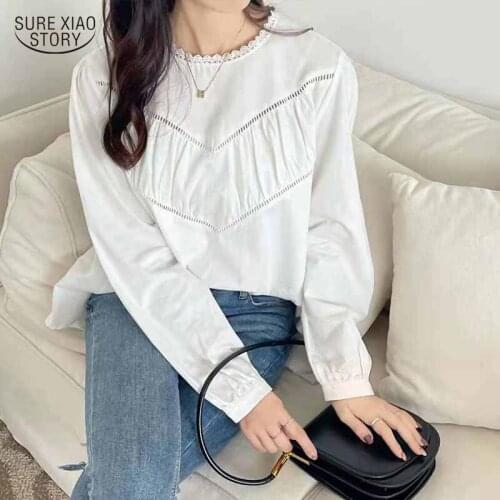2021 Hollow Out Elegant Blouse with Lace Casual O-neck Long Sleeve Shirt Autumn Gentle White Shirt Vintage Black Loose Top 16982