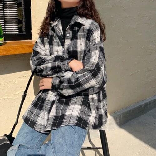 Blouses Shirts Women Plaid All-match Harajuku Casual Loose Large Size 3XL Streetwear Preppy Batwing-sleeve Womens Outwear 4color
