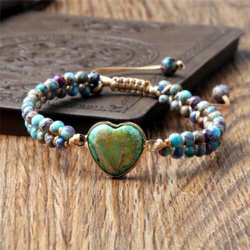 Handmade Natural Stone Boho Yoga Bracelet String Braided Heart Shape Jaspers Charm Wrap Bracelets&Bangles For Women Jewelry Gift
