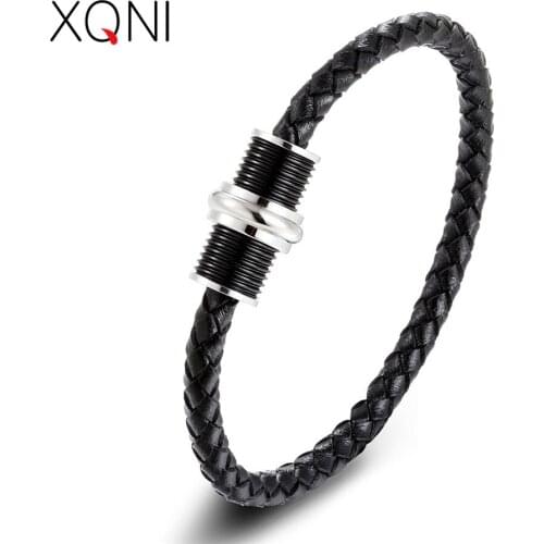 XQNI 2018 New Colorful Genuine Leather Bracelet with Stainless Steel Geometric Series Accessories Jewelry For Men Female Gift