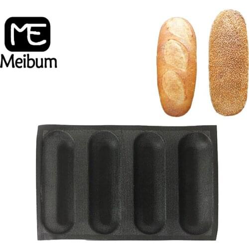 Meibum 4 Cavity Oval Bread Baguette Eclair Non Stick Glass Fiber Silicone Baking Mold Long Loaf Hot Dog Bake Tray Porous Mould