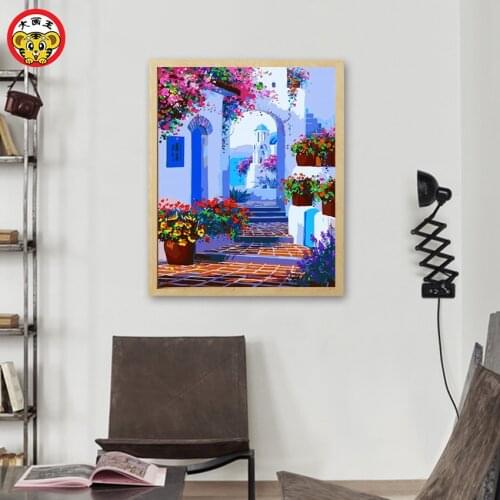 Numbers Oil Painting DIY Architectural Iandscape Warm Town Street Traditional Style Home Corridor Bedroom Decoration