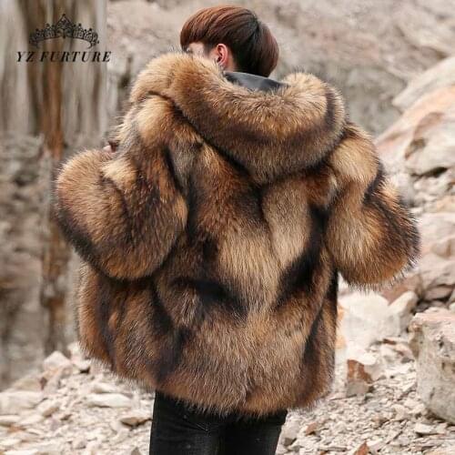2020 New Winter Warm Real Raccoon Fur Coat Men Luxury With Hood Natural Thick Warm Raccoon Fur Jacket Men Fashion Outwear FM-032