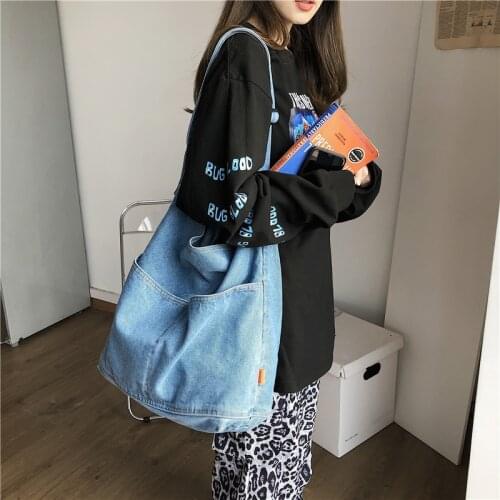 Lazy cowboy canvas bag womens shoulder bag Korean retro university leisure shopping bag large capacity