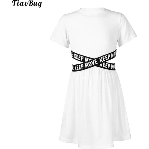 TiaoBug Summer Kid Girls Casual A-Line Sport Dress Round Neck Short Sleeves Letters Print Hollow Out Waist Knee Length Dress