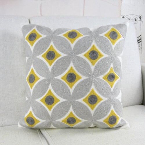 Embroidery Cushion Cover Home Decorative Grey Yellow Geometric Canvas Cotton Square Embroidered Pillow Cover 45x45cm