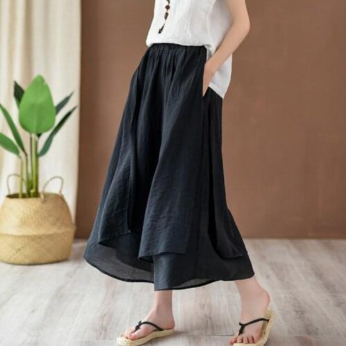 2021 Spring And Summer New Literary Retro Solid Color Fairy Silk Wide-leg Pants Nine-point Womens Culottes Martial Arts Pants