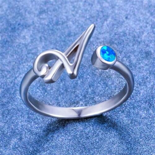 Blue White Opal Stone Wedding Ring Simple Fashion Letter A Opening Ring Dainty Rose Gold Silver Color Engagement Rings For Women