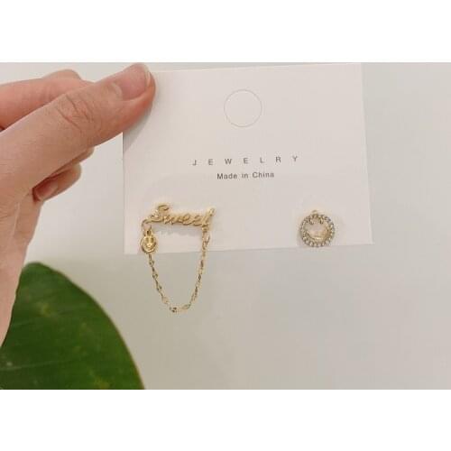 Charm S925 Needle Fashion Earrings Temperament Simple Crystal Asymmetric Smiling Face Letters Girl Compact Earrings