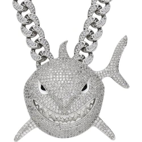 Hip Hop Big Shark Pendant Necklace For Men Cubic Zircon Shark Boy Jewelry With Iced Out Crystal Miami Cuban Link Chain