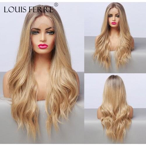 LOUIS FERRE Long Water Wave Brown Lace Part Wigs for Black Woman Afro Cospaly Middle Part Synthetic Lace Wig Heat Resistant