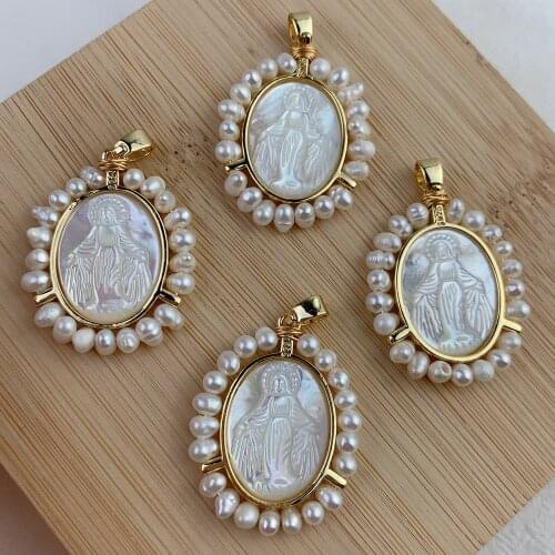 New Oval Medal Virgin Mary Pendants Charms For Jewelry Making Religiou Necklace Metal Freshwater Pearl MOP Shell