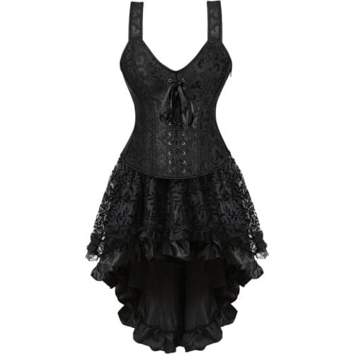 Sapubonva corset dress plus size bustiers victorianlace up lingerie lace corset skirts for women burlesque gothic style black