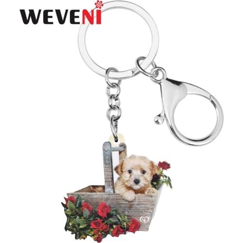 WEVENI Acrylic Valentines Day Rose Basket Yorkshire Dog Key Chains Ring For Women Girl Teen Bag Car Purse Charm Decoration Gift