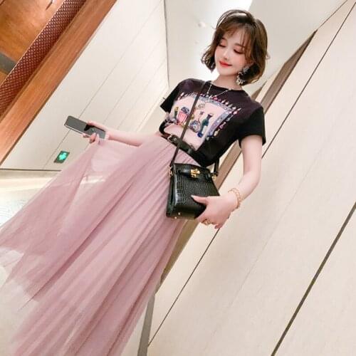 Awarose Short Sleeve Print Beading T-shirt High Waist Mesh Pleated Skirt Women Fashion 2 Two Piece Set Summer Ladies Clothes Set