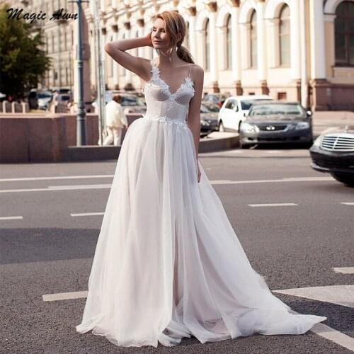 Magic Awn Charming Wedding Dresses Boho Flowers Appliques Spaghetti Straps Simple Beach Bridal Gowns A-Line Vestidos De Novia