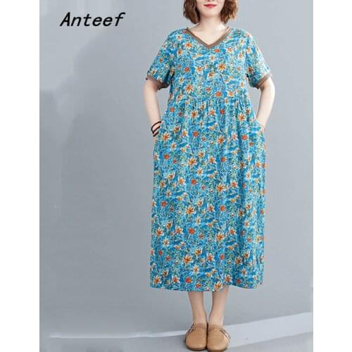 Short sleeve cotton linen plus size vintage floral dresses for women casual loose long woman summer dress elegant clothes 2021