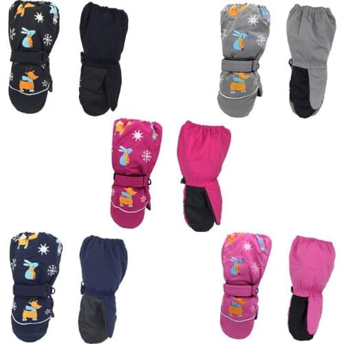 Winter New Children Print Cartoon Deer Rabbit Thickening Ski Gloves Kids Windproof Waterproof Non-slip Long-sleeved Mittens