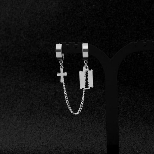 1Pcs Urban Rapper Stainless Steel Earrings Blade Cross Tassel Chains Ear Cuff Earrings For Women Girls Punk KPOP Clip Earring