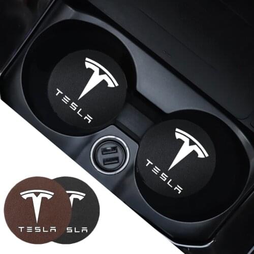 2Pcs Leather Cup Holder Non-slip Mat Car Styling Decoration Accessories For Tesla Model 3 Model S Model Y Roadster Model X