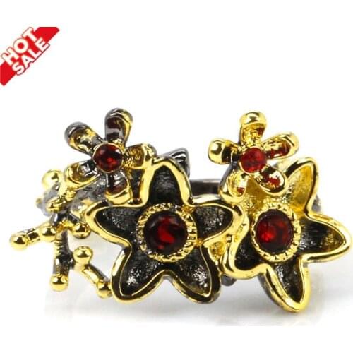 27x17mm Bohemia Vintage Style Flowers Created Red Blood Ruby For Women Black Gold Silver Rings Wholesale Drop Shipping