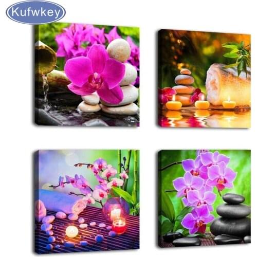 Diy Diamond Painting Cross Stitch 4 Piece Stone Green Bamboo Pink Water Lily flower DIY Diamond Embroidery Mosaic Home Decor