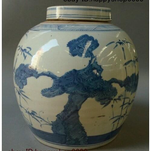 11" China Blue White Porcelain Pine Bamboo Pot Tank Wine Earthen Jar Vase Statue