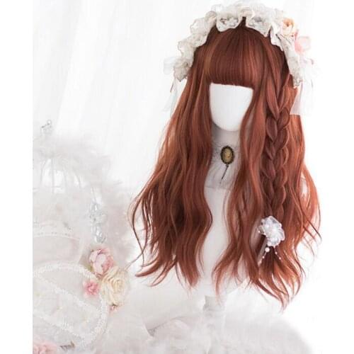 Kawaii Lolita Wig Harajuku Orange Long Curly Hair Body Wave Fringe Bangs Adult Chic Girls Women Cosplay Daily Wear