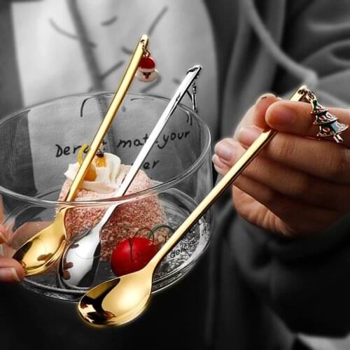 Coffee Dessert Spoon Stainless Steel Christmas Mixing Spoons Party Coffee Spoon with Pendant Christmas Teaspoon Decorations Gift