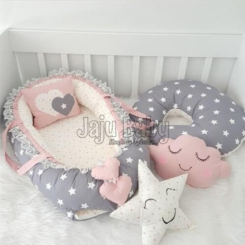 Jaju Baby Hand Made Babynest Gray Star Luxury Orthopedic Baby Nest and Breastfeeding Pillow 5 Piece Bedding Set