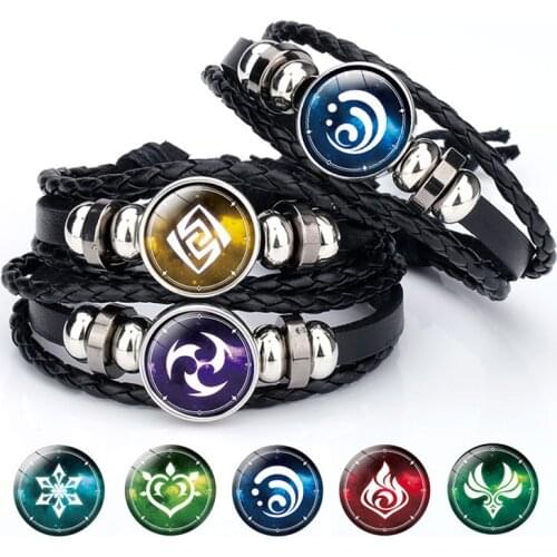 Leather Bracelet Gods Eye Water Wind Thunder Fire Rock Ice Element Buckle Anime Game Gods Eye Bracelet Cosplay