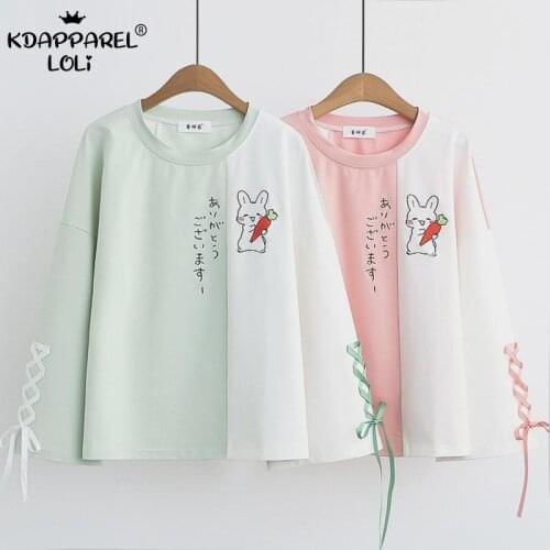 Summer Women Kawaii T-Shirt Preppy College Style Cute Bunny Tees Rabbit Tops Sweet Girls Lolita Loose Sleeve Lace Up Teens Green