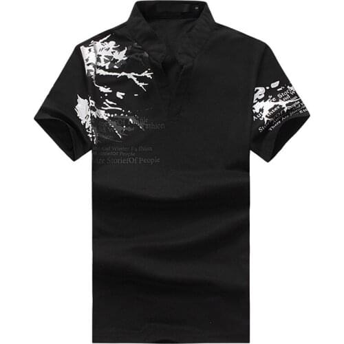 Europe And The United States Printed Men T Shirt Henry Collar Short Sleeve Tile