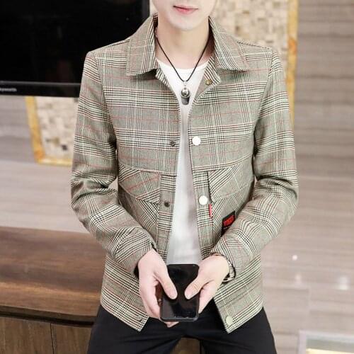 2021 spring and autumn styles male short Korean slim single breasted checked woolen jacket trend lapel woolen coat male