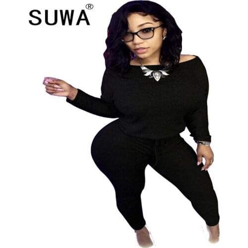 Slim Solid Women Set Slash Neck Long Sleeve Loose T-Shirt High Waist Drawstring Bodycon Pants Sports Outfits Autumn Hot Selling