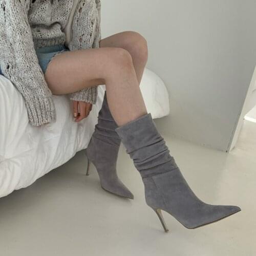 Autumn Winter Pleated Fashion High Boots Women Sexy Thin High Heel Slip on Long Boots Ladies Pointed Women Boots Size 33-42