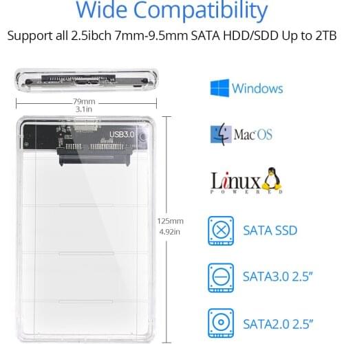 TISHRIC Transparent Plastic USB3.0 External HDD Case 2TB Hard Drive Optibay 9.5 mm SATA Mobile Hard Disk Box 2.5 inch HDD Caddy
