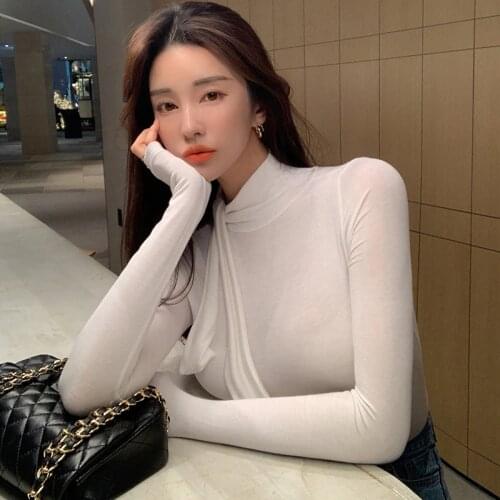 Sexy Bodycon T Shirt Women Long Sleeve Chic Turtleneck Slim Korean Style Tshirt Fashion Spring Autumn Solid Tops 2020 White Tee
