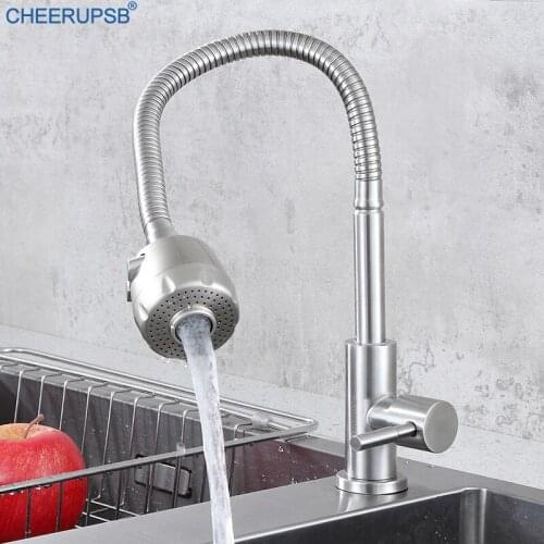 Deck Mounted Kitchen Sink Stream Water Faucets Single Cold Flexible Tap Stainless Steel 360 Degree Rotation Faucet Brushed Taps