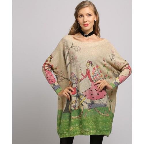 Women Loose Sweater Oversized Long Batwing Sleeve Pullover and Sweater Women O-Neck Casual Flower Print Knitted Sweaters Clothes
