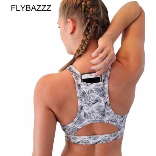 Women Sports Top Female with Phone Pocket Print Yoga Bra Compression Push Up Underwear Gym Bra Femme Padding Top Deportivo Mujer