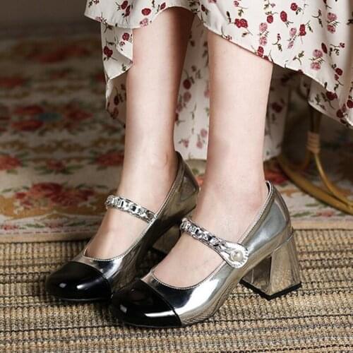 Rimocy Silver Patent Leather Mary Jane Shoes Women Pearl Buckle Metal Chain Chunky High Heels Pumps Woman Fashion Banquet Shoes