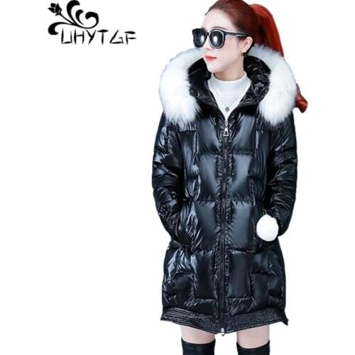 UHYTGF New Winter Jacket Women Quality Glossy Down Cotton Thick Warm Coat Mid-Length Hooded Casual Plus Size Parker Outwear 1152