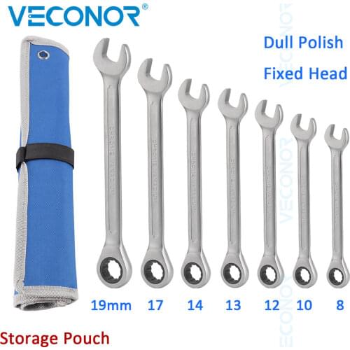 7pcs Ratchet Tools Key Wrench Keys Set Dull Polish Ratcheting Spanner Set 8-19mm 72T Fixed Head Ratchet with Free Storage Pouch